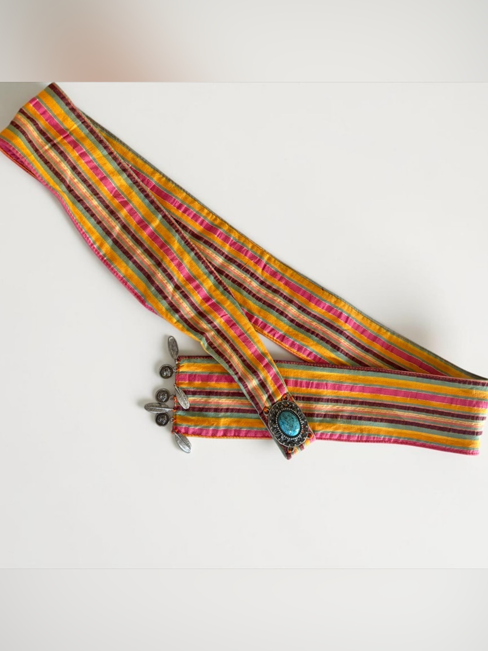 Y2K Boho Striped Turquoise Statement Wrap Sash Belt 50"